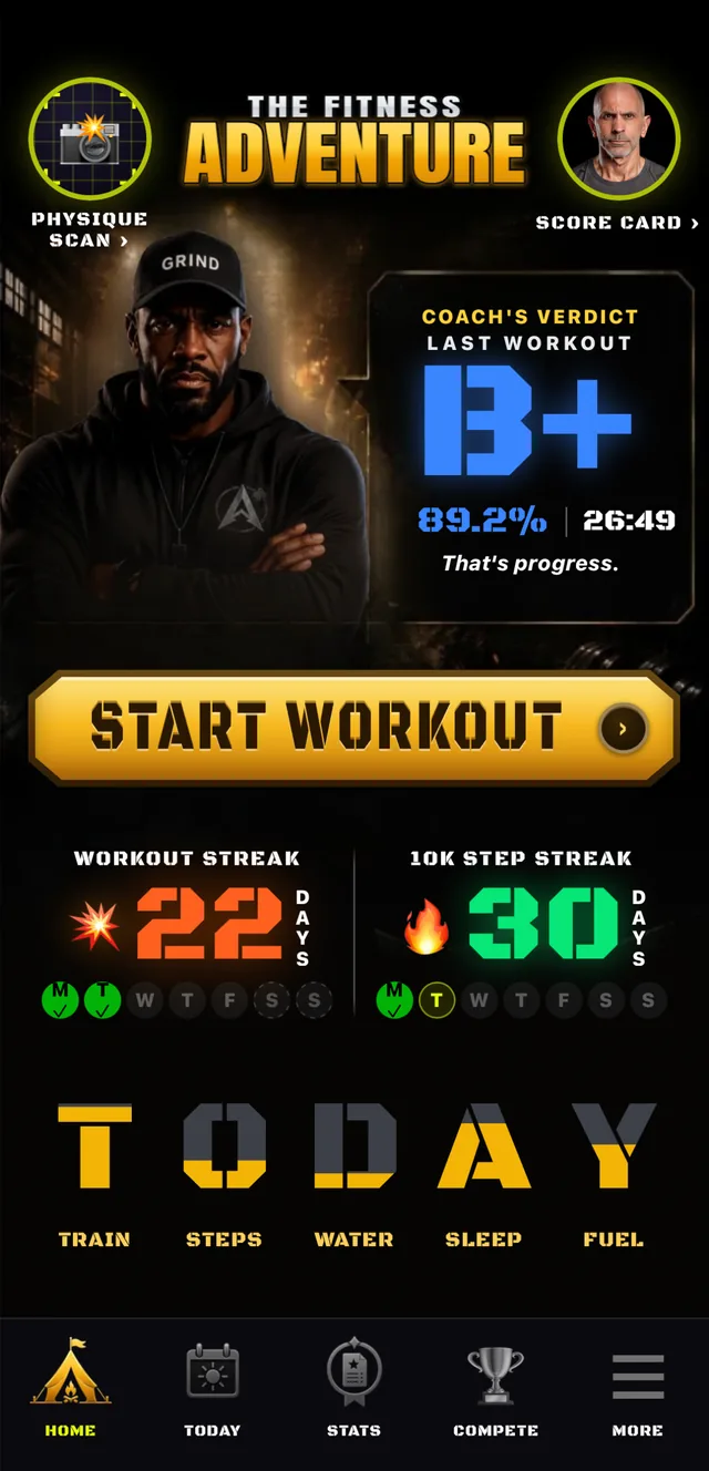 Base Camp home — the coach's grade verdict, workout and step streaks