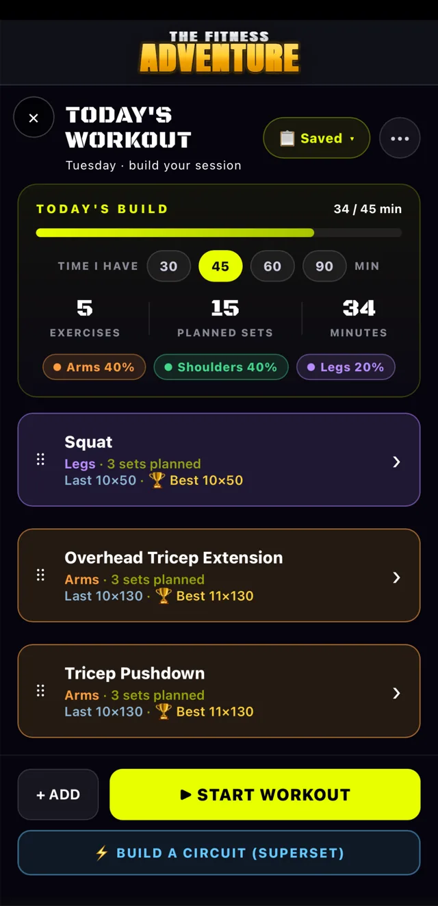 Today's Workout — your training plan with sets, personal records and Start Workout